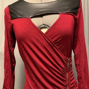 Guess Brand - Red top with faux leather cutout with zipper detail - Size M